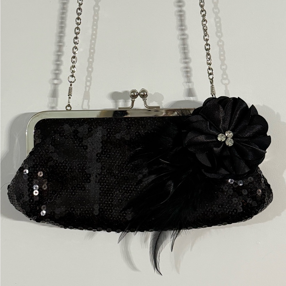 Vintage Black Sequin Clutch with Floral Detail